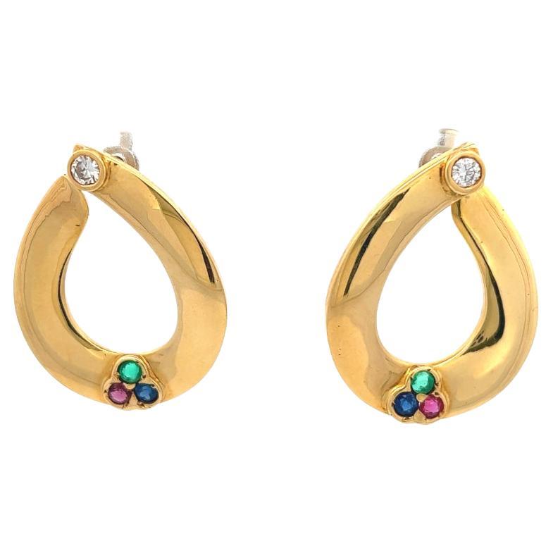 Vintage Italian Gemstone Diamond 18 Karat Yellow Gold Hoop Earrings