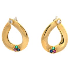 Vintage Italian Gemstone Diamond 18 Karat Yellow Gold Hoop Earrings