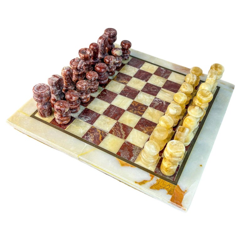 Vintage Italian Genuine Alabaster Chess Set with Carved Pieces, 1970s
