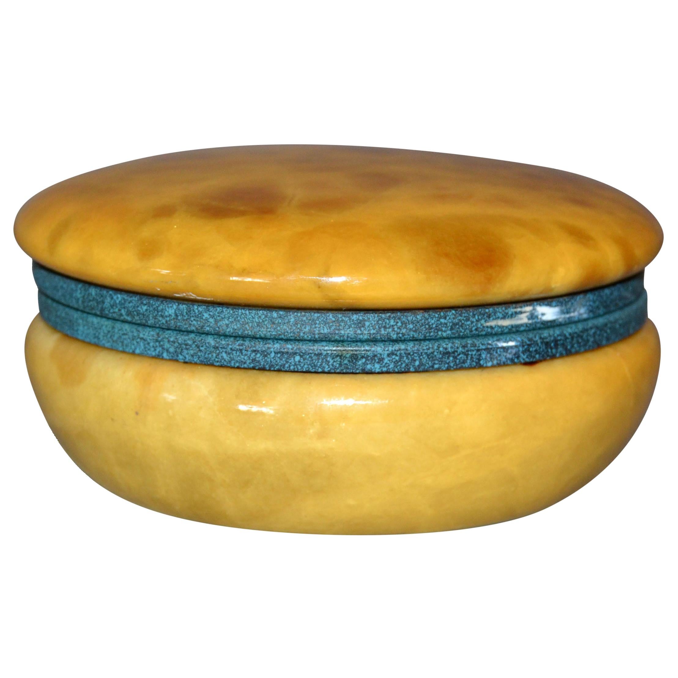 Vintage Italian Genuine Hand Carved Gold and Green Round Alabaster Trinket Box For Sale