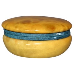 Retro Italian Genuine Hand Carved Gold and Green Round Alabaster Trinket Box