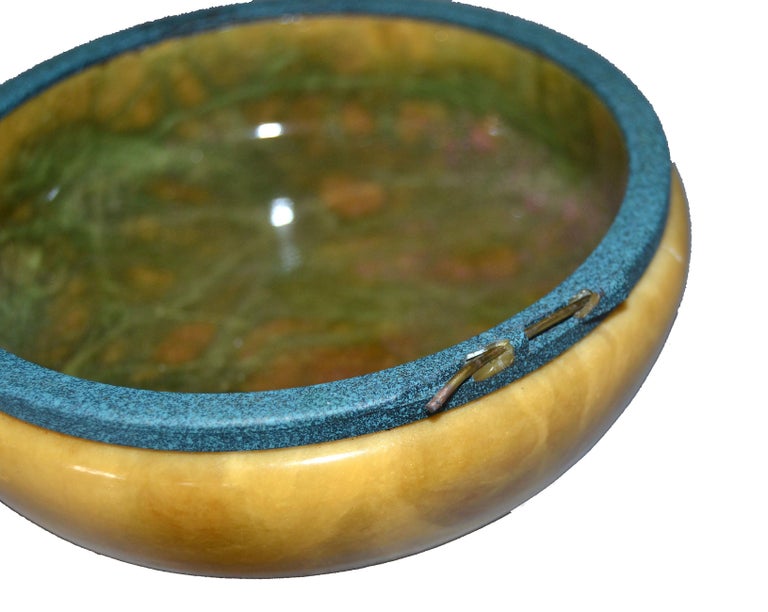 Vintage Italian Genuine Hand Carved Gold and Green Round Alabaster