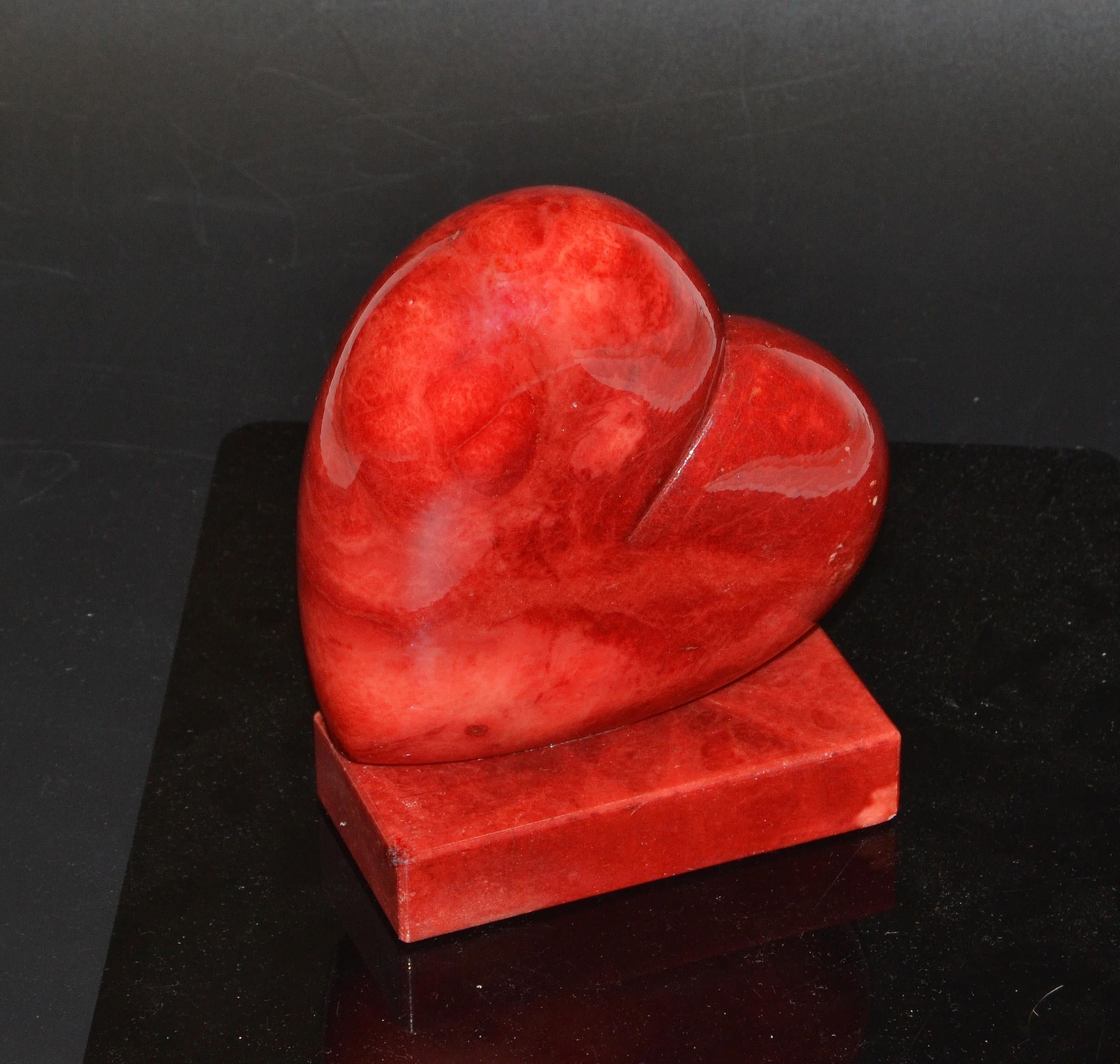 Hand-Carved Vintage Italian Genuine Hand Carved Red Heart Alabaster Table Sculpture Bookend