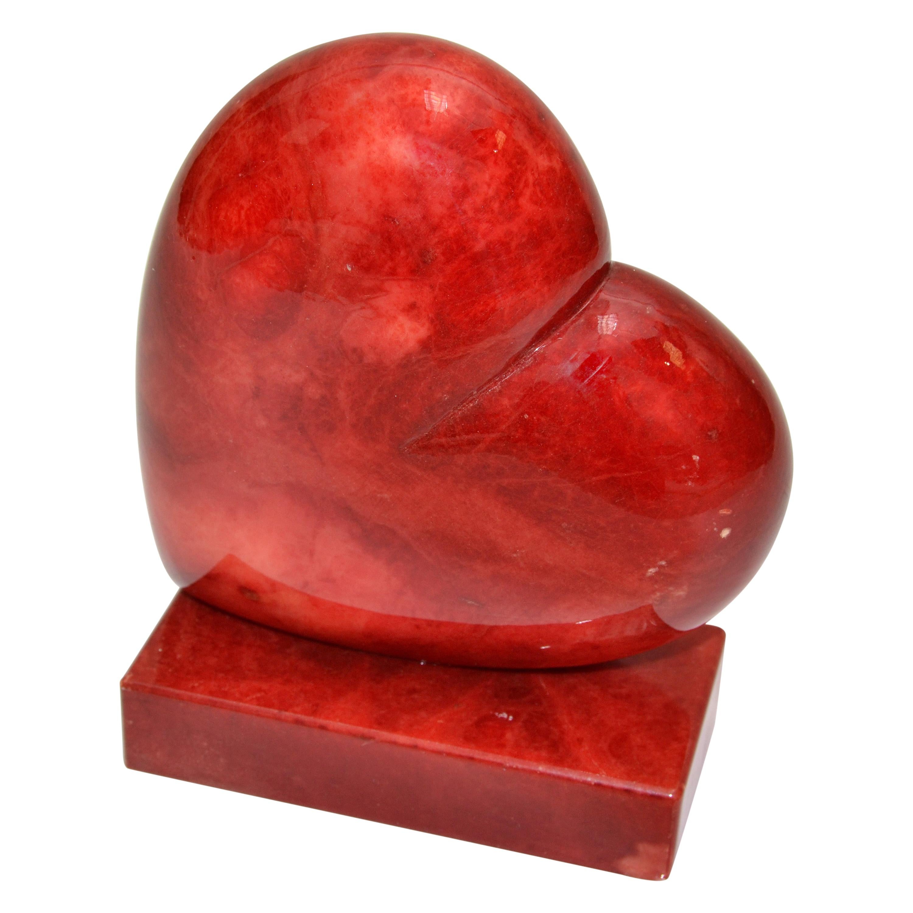Vintage Italian Genuine Hand Carved Red Heart Alabaster Table Sculpture Bookend