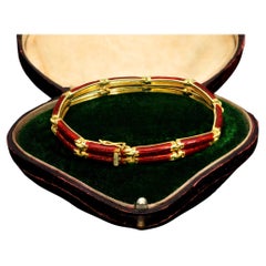 Retro Italian Geometric Red Enamel Bracelet, HEAVY 24g Solid 18k 750 Gold