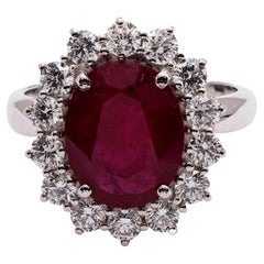 Vintage Italian GIA Mozambique Ruby and Diamond 18k White Gold Cluster Ring