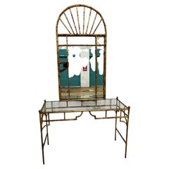 Vintage Italian Gilded Faux Bamboo Iron Console & Mirror Set