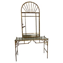 Vintage Italian Gilded Faux Bamboo Iron Console & Mirror Set