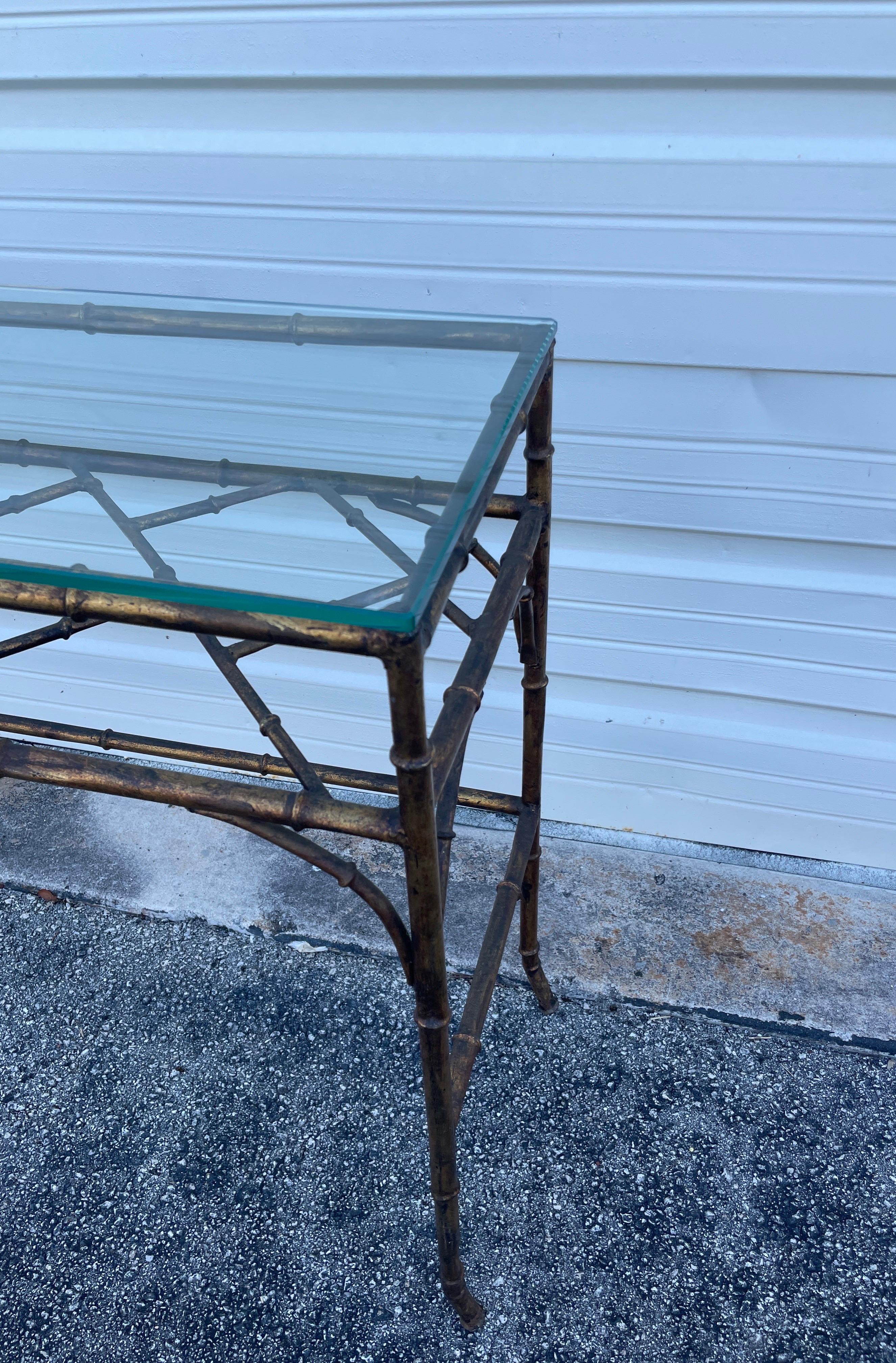 Hollywood Regency Vintage Italian Gilded Faux Bamboo Metal Console For Sale