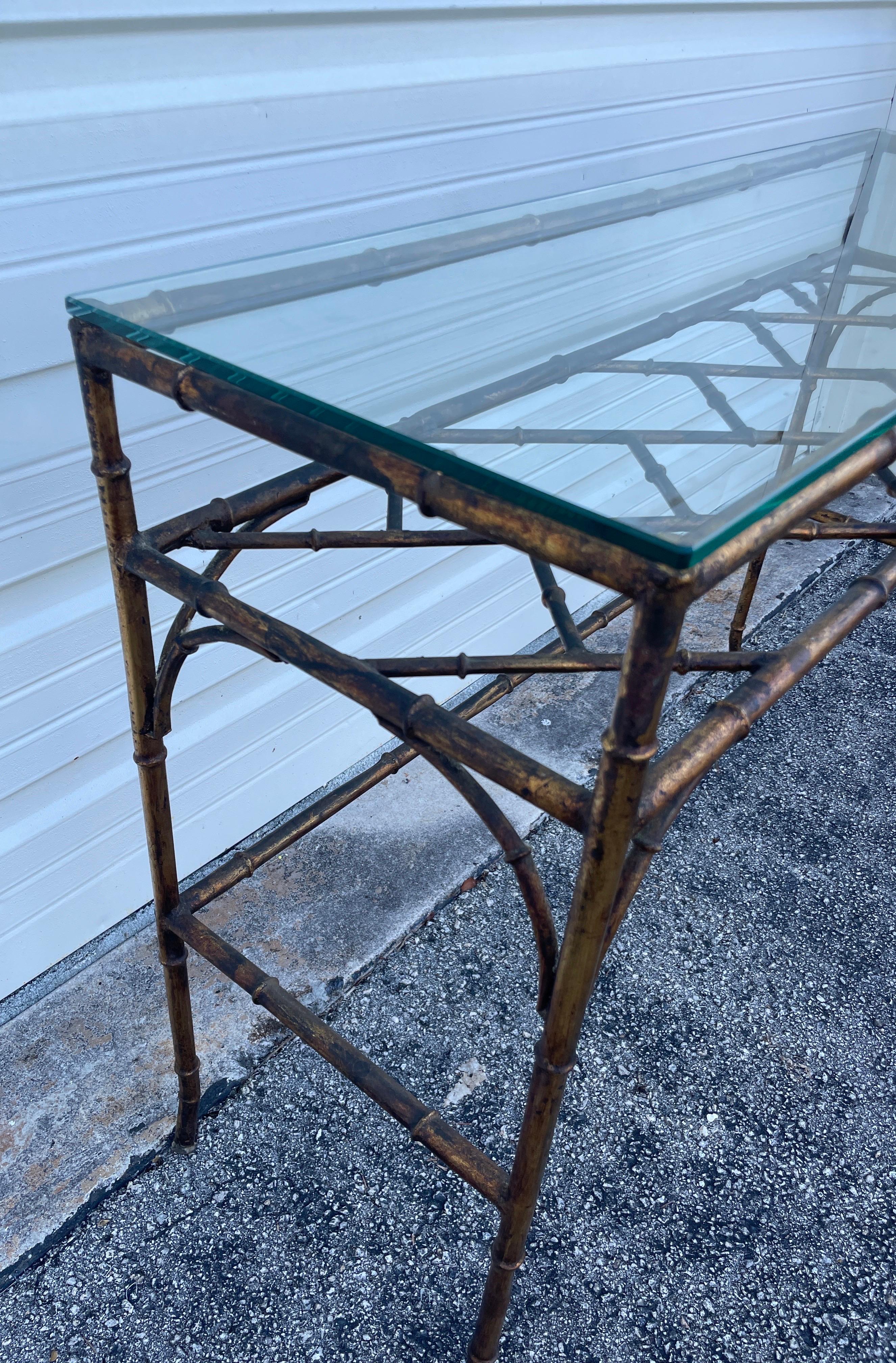 Vintage Italian Gilded Faux Bamboo Metal Console In Good Condition For Sale In West Palm Beach, FL