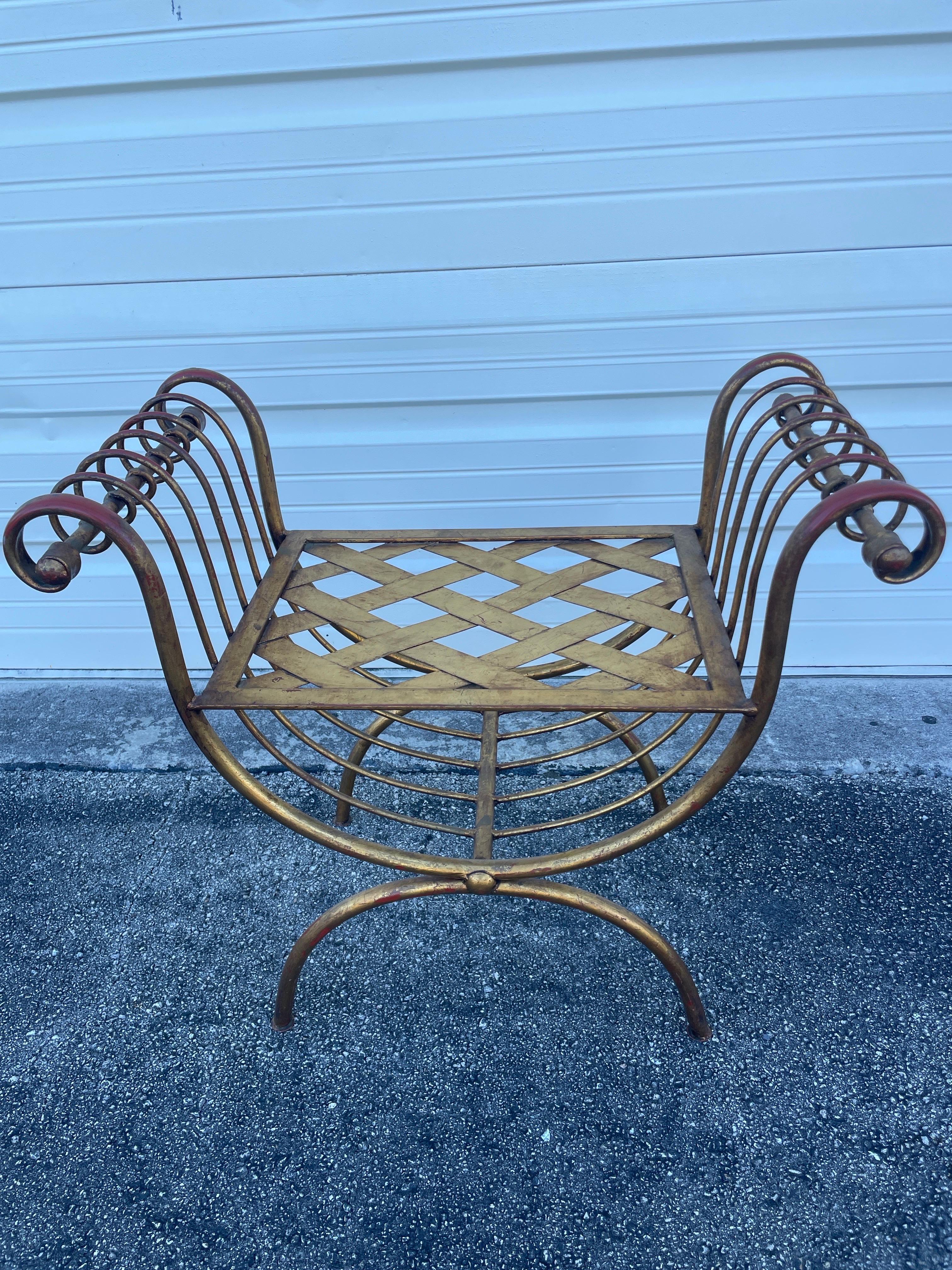 Vintage Italian Gilded Iron Curule Bench For Sale 4