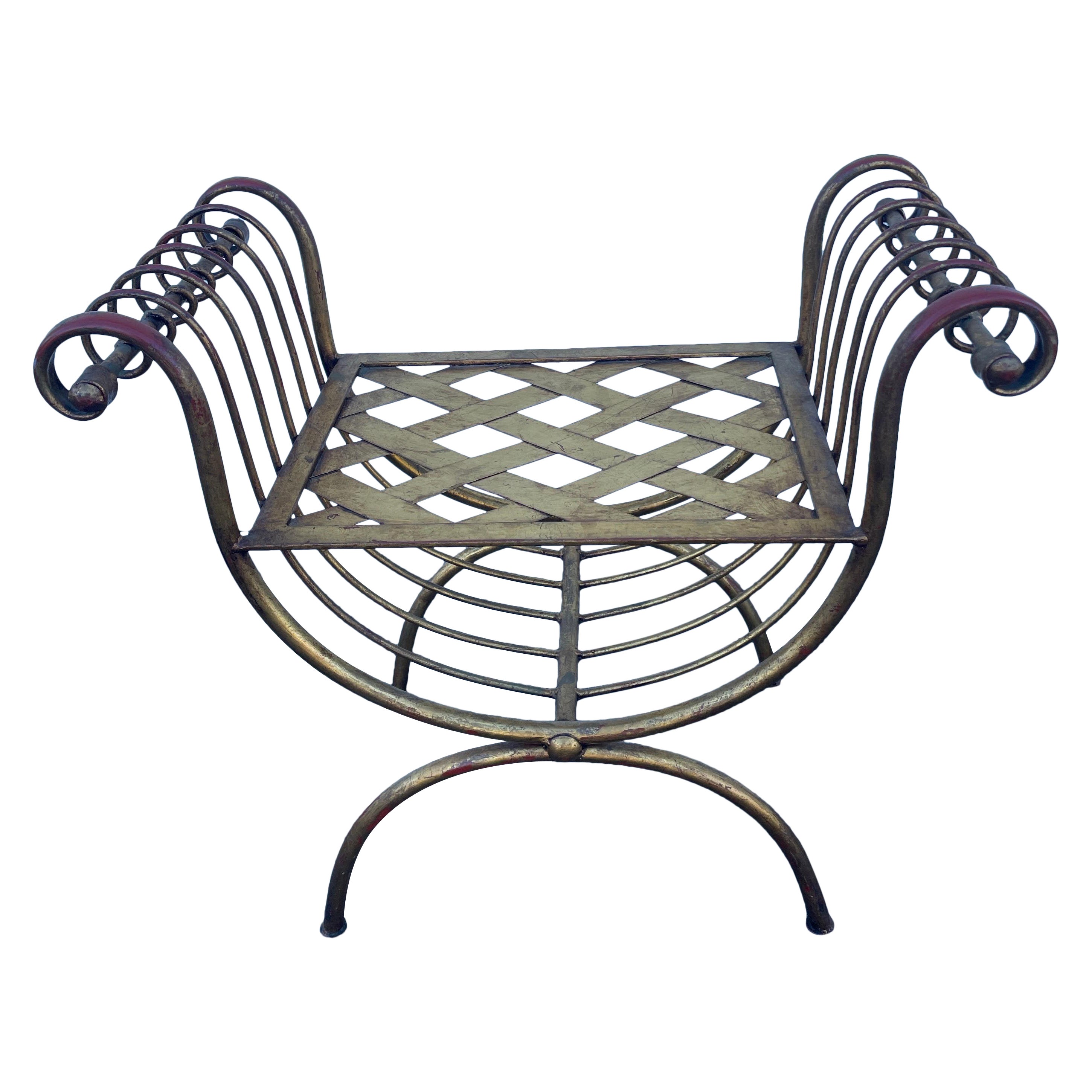 Vintage Italian Gilded Iron Curule Bench For Sale
