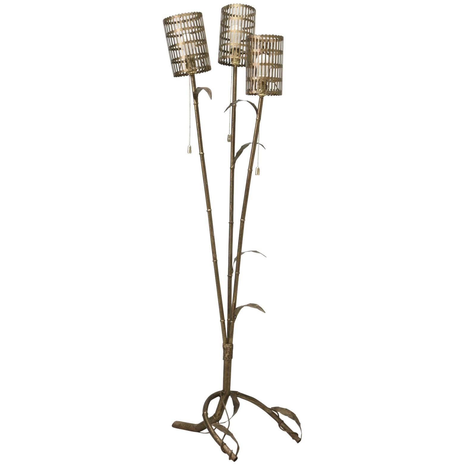 Vintage Italian Gilded Metal, Organic Relief Bamboo-Form Floor Lamp