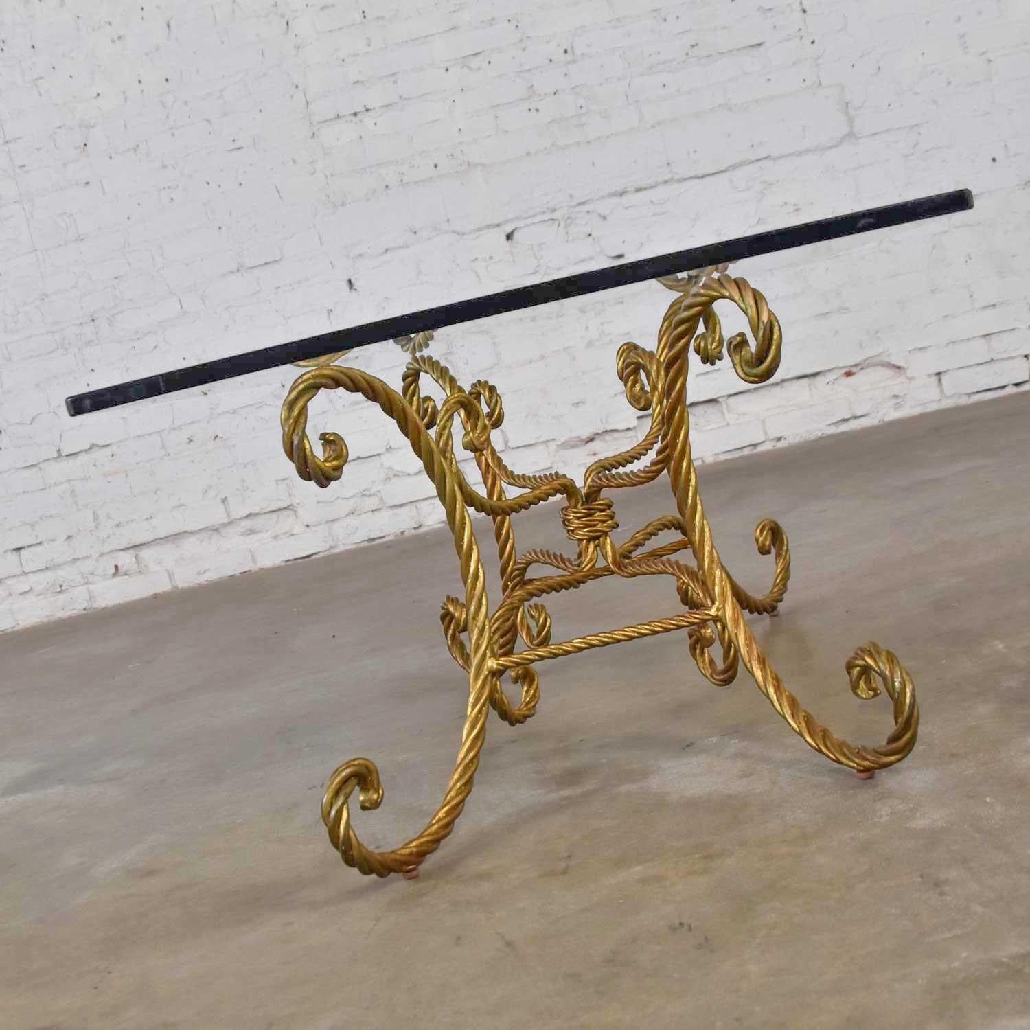 Vintage Italian Gilded Twisted Iron Rope Coffee or Cocktail Table Rectangle Top 4