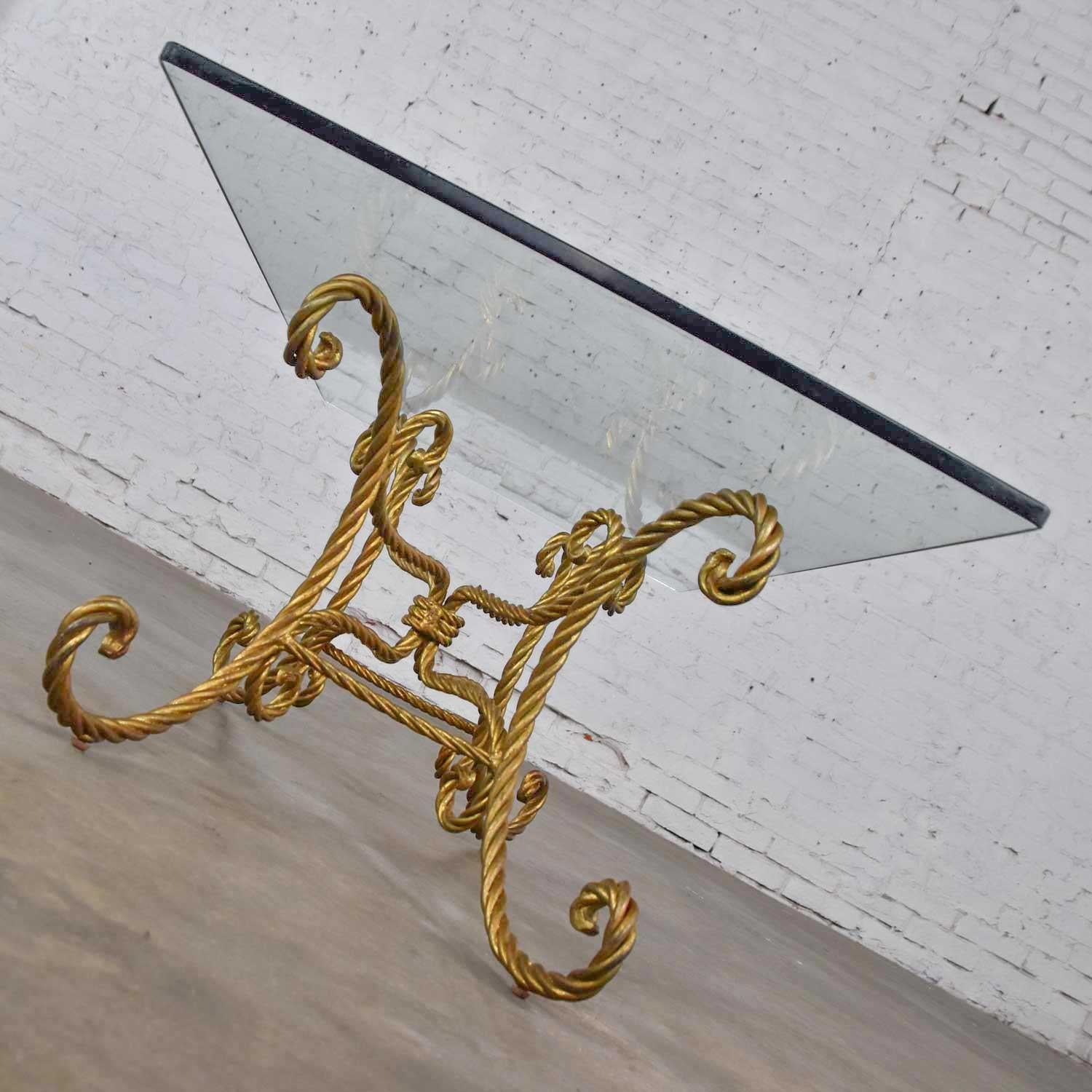 Vintage Italian Gilded Twisted Iron Rope Coffee or Cocktail Table Rectangle Top 5