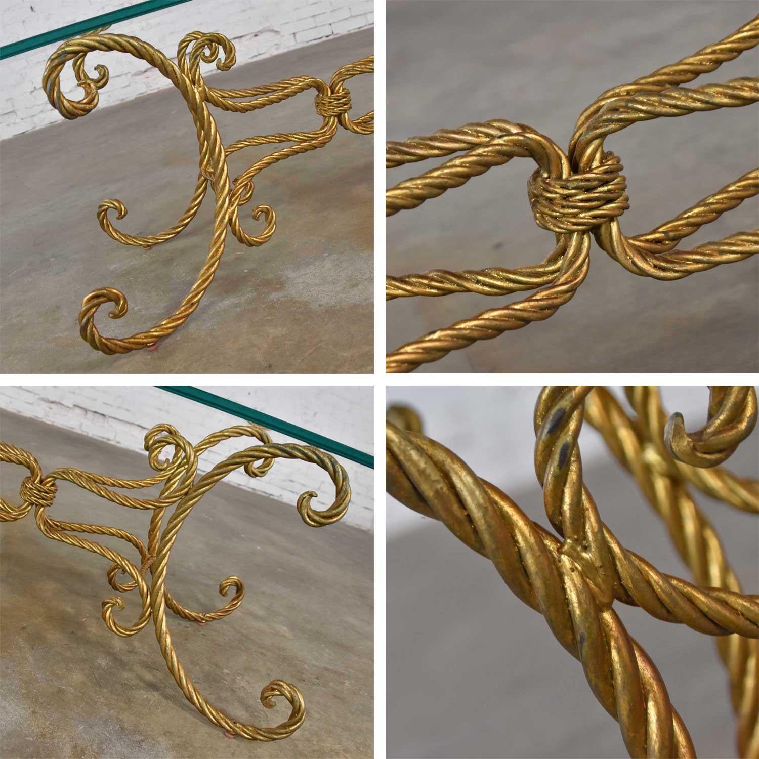 Vintage Italian Gilded Twisted Iron Rope Coffee or Cocktail Table Rectangle Top 6