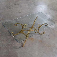 Vintage Italian Gilded Twisted Iron Rope Coffee or Cocktail Table Rectangle Top