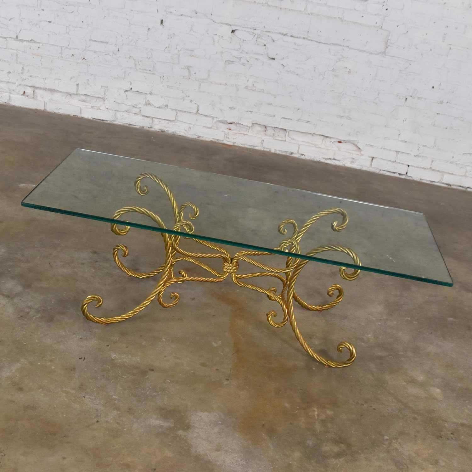Hollywood Regency Vintage Italian Gilded Twisted Iron Rope Coffee or Cocktail Table Rectangle Top