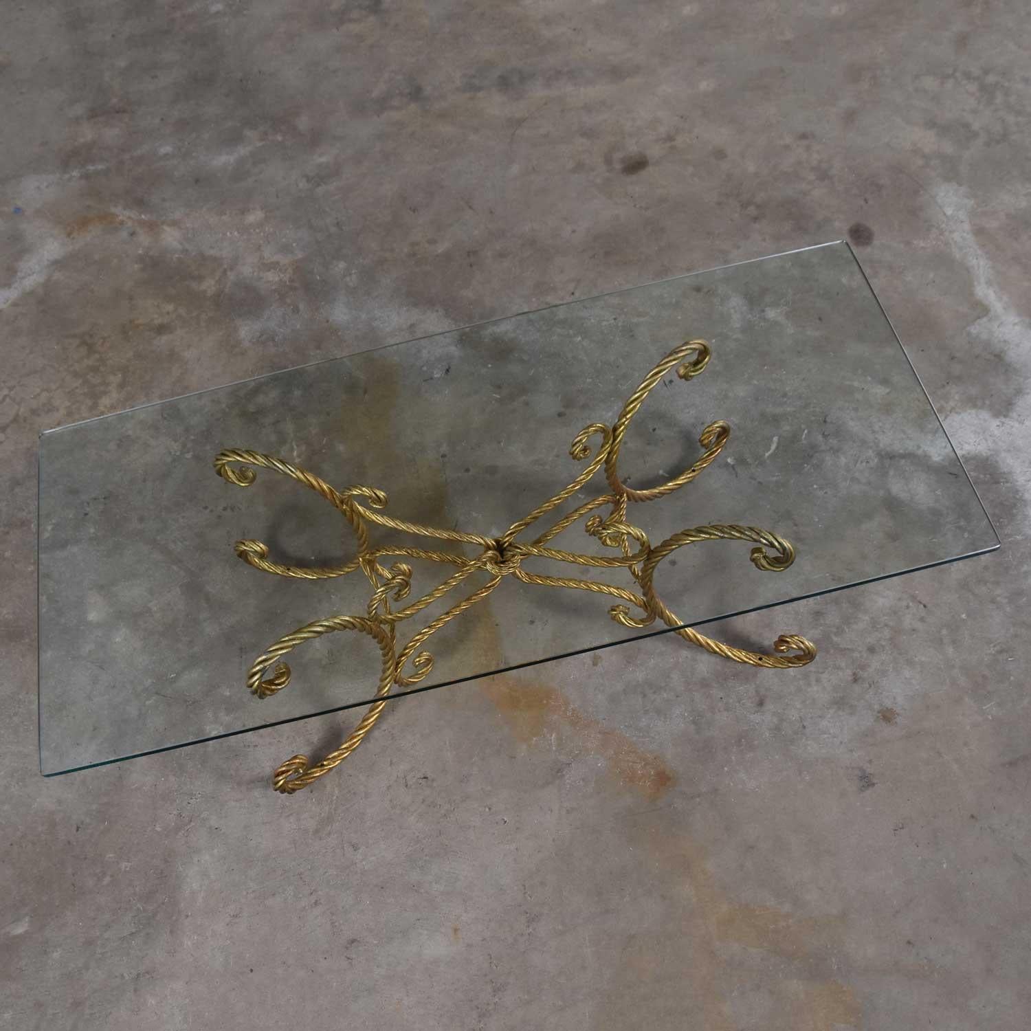 Vintage Italian Gilded Twisted Iron Rope Coffee or Cocktail Table Rectangle Top In Good Condition In Topeka, KS