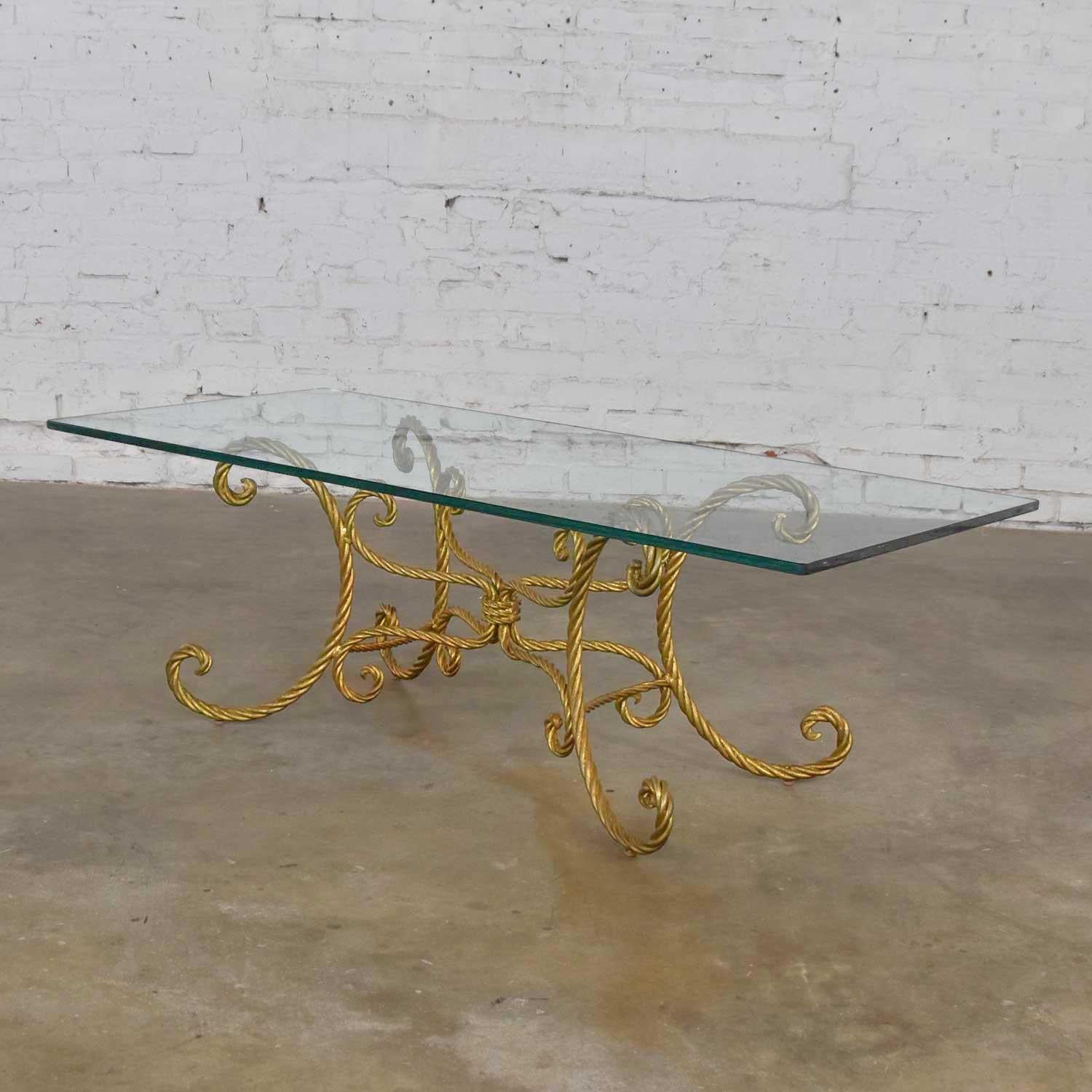 Vintage Italian Gilded Twisted Iron Rope Coffee or Cocktail Table Rectangle Top 1