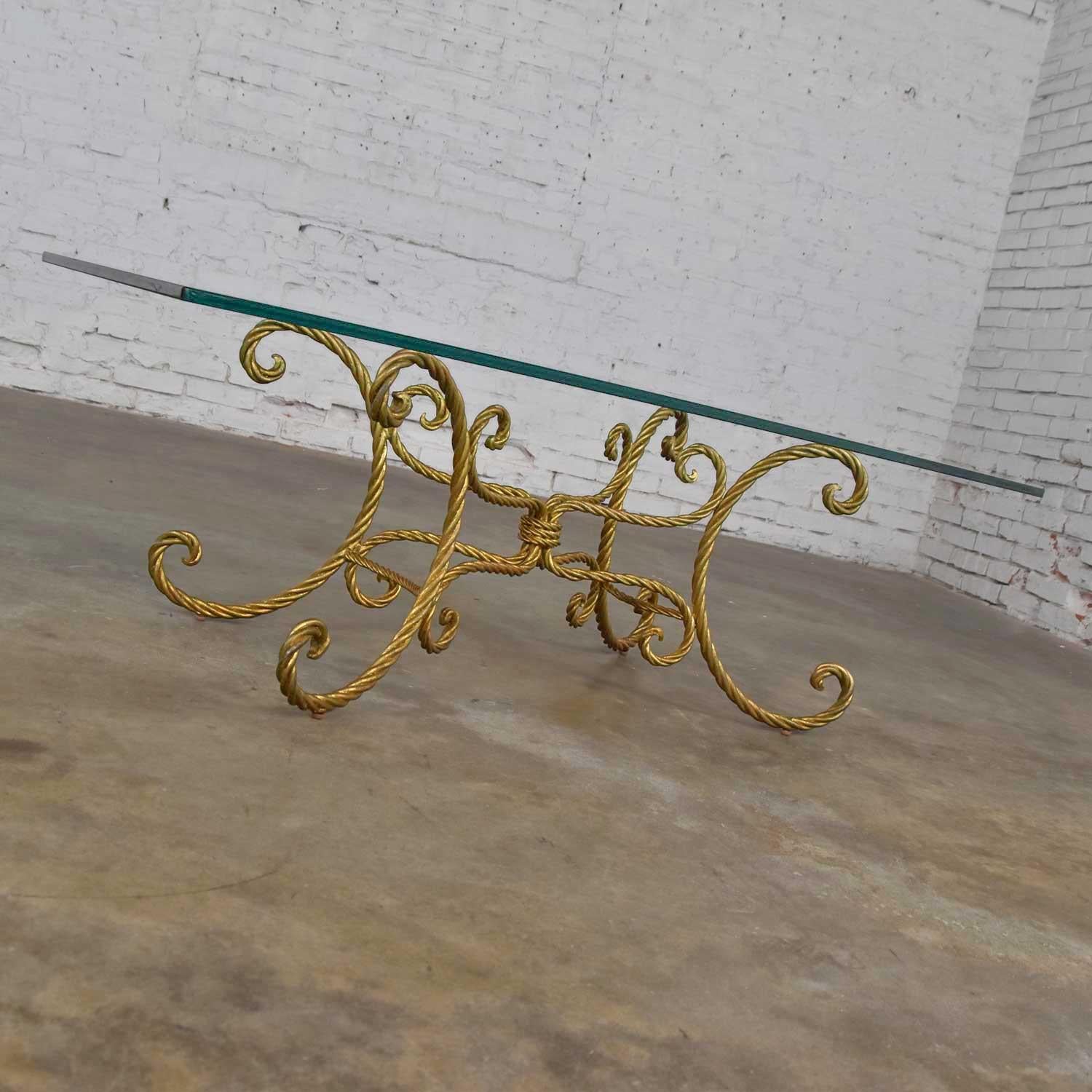 Vintage Italian Gilded Twisted Iron Rope Coffee or Cocktail Table Rectangle Top 2