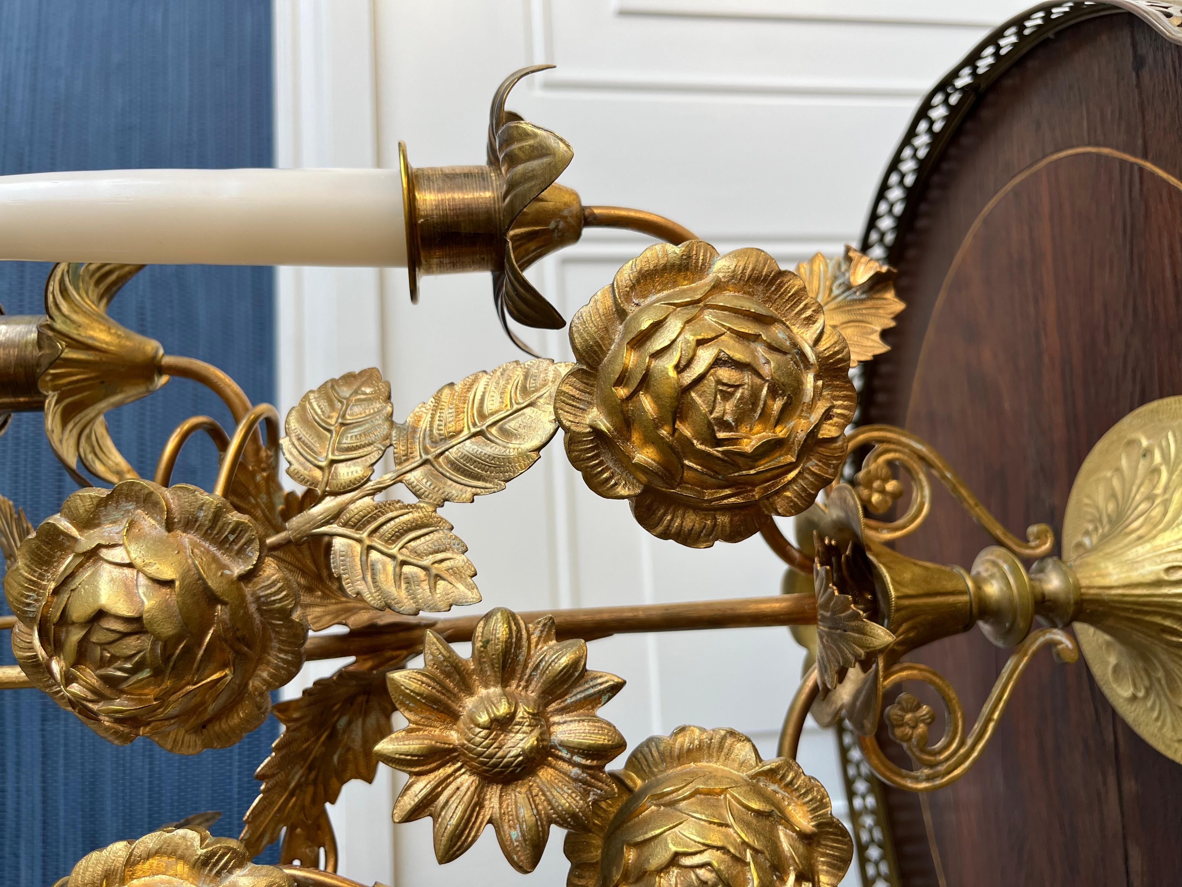Exquisite Antique Italian Gilt Brass Floral 5 Arm Candelabra For Sale 8