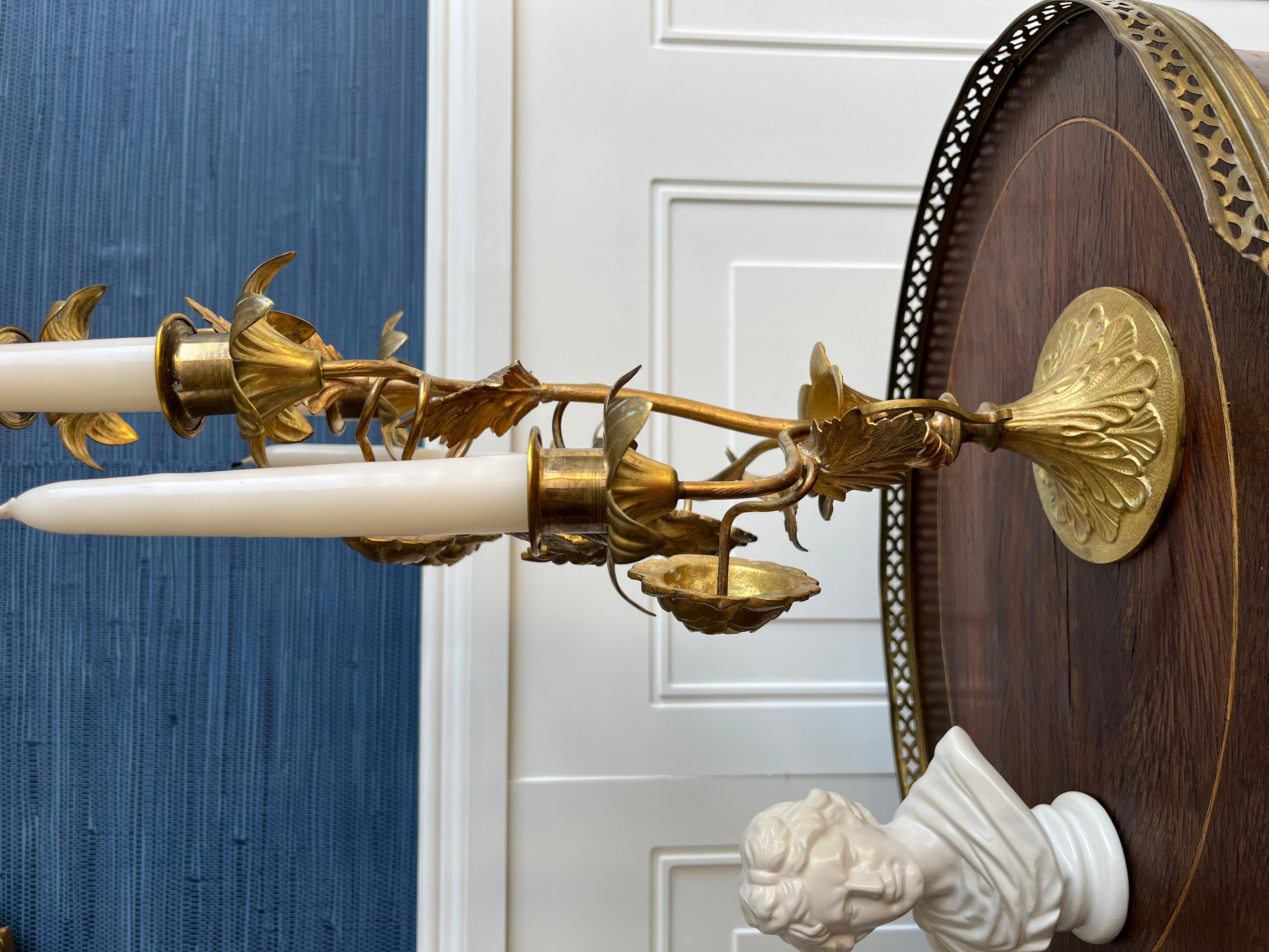 20th Century Exquisite Antique Italian Gilt Brass Floral 5 Arm Candelabra For Sale