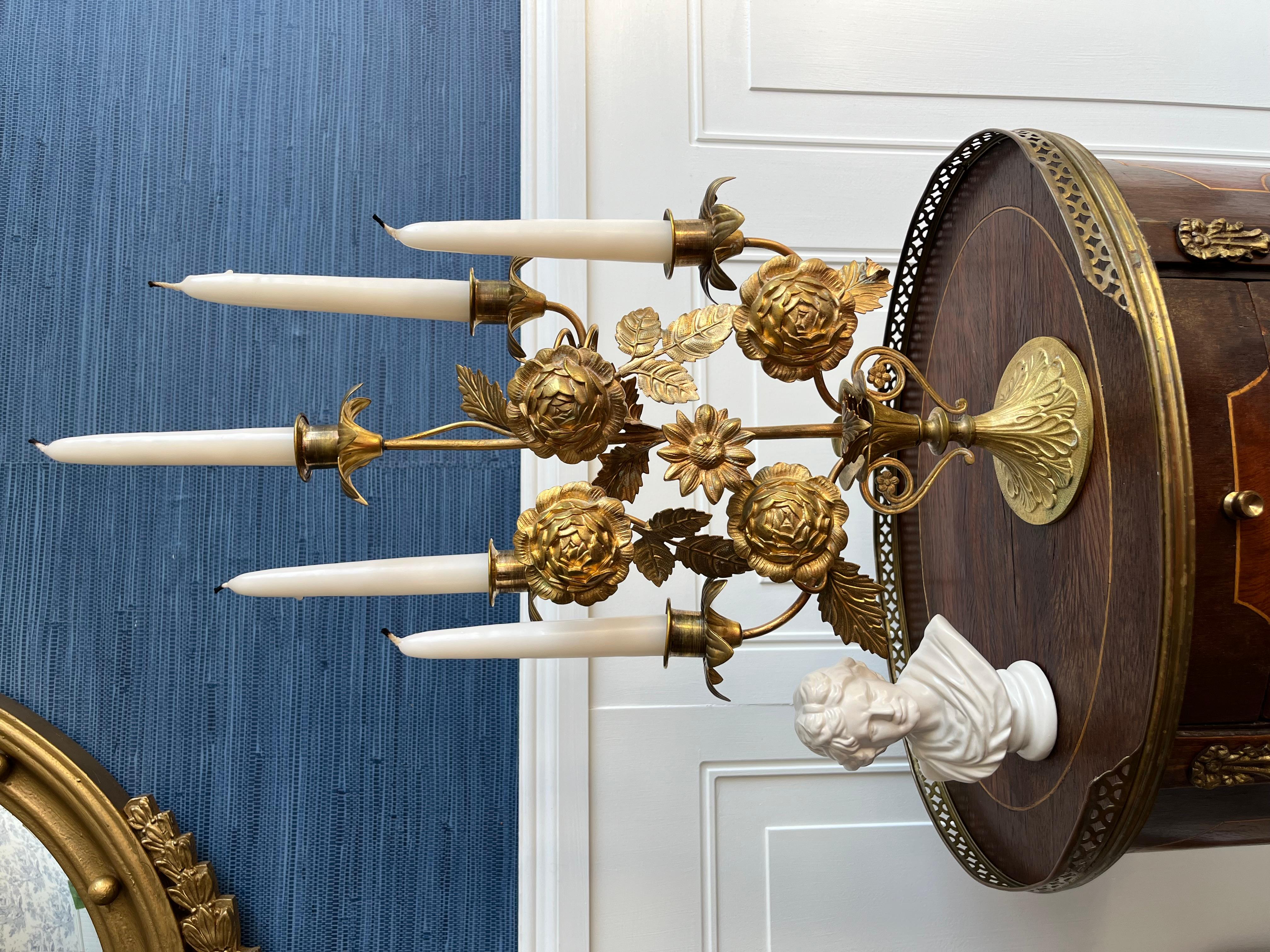 Exquisite Antique Italian Gilt Brass Floral 5 Arm Candelabra For Sale 2