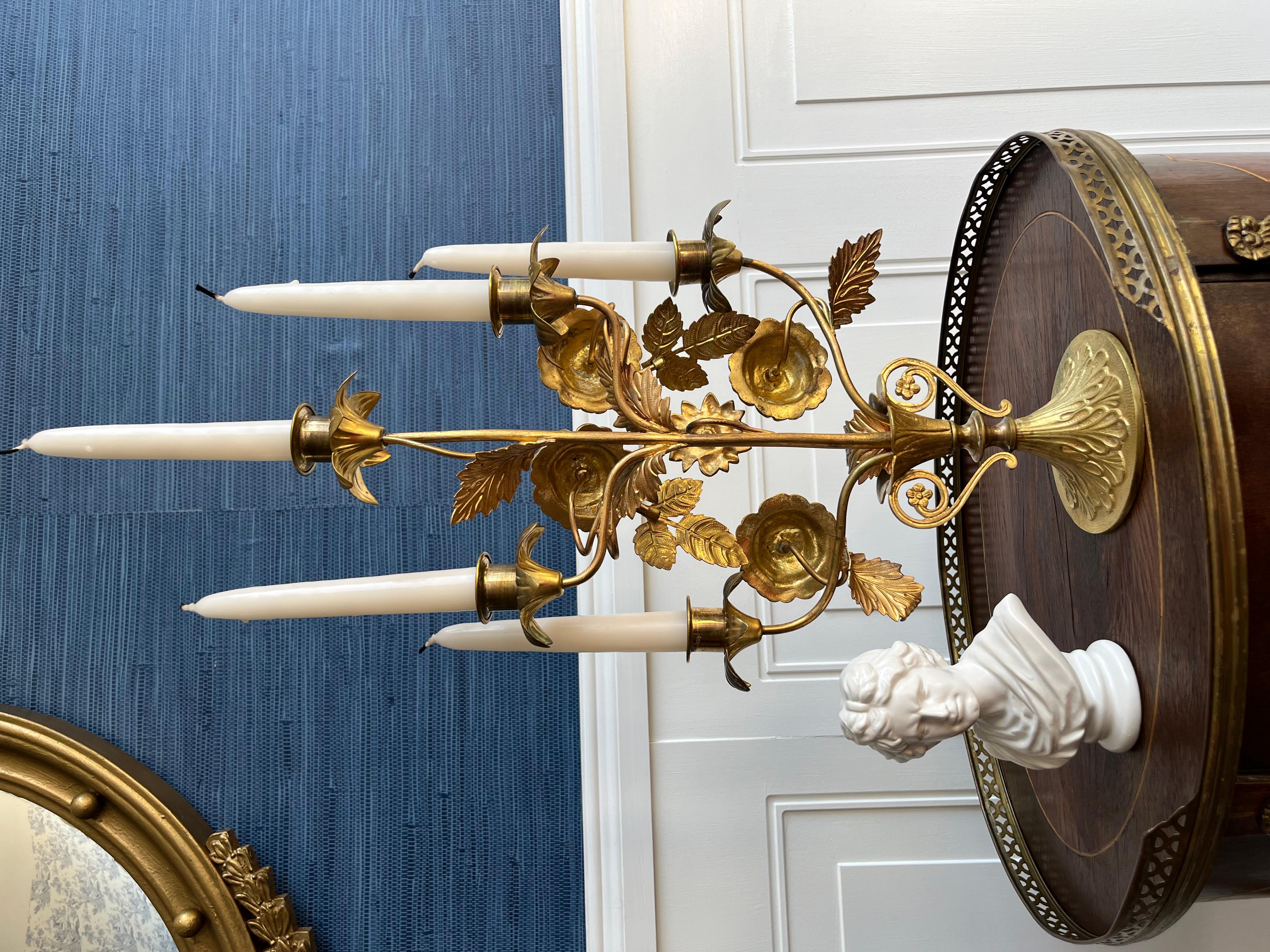 Exquisite Antique Italian Gilt Brass Floral 5 Arm Candelabra For Sale 3