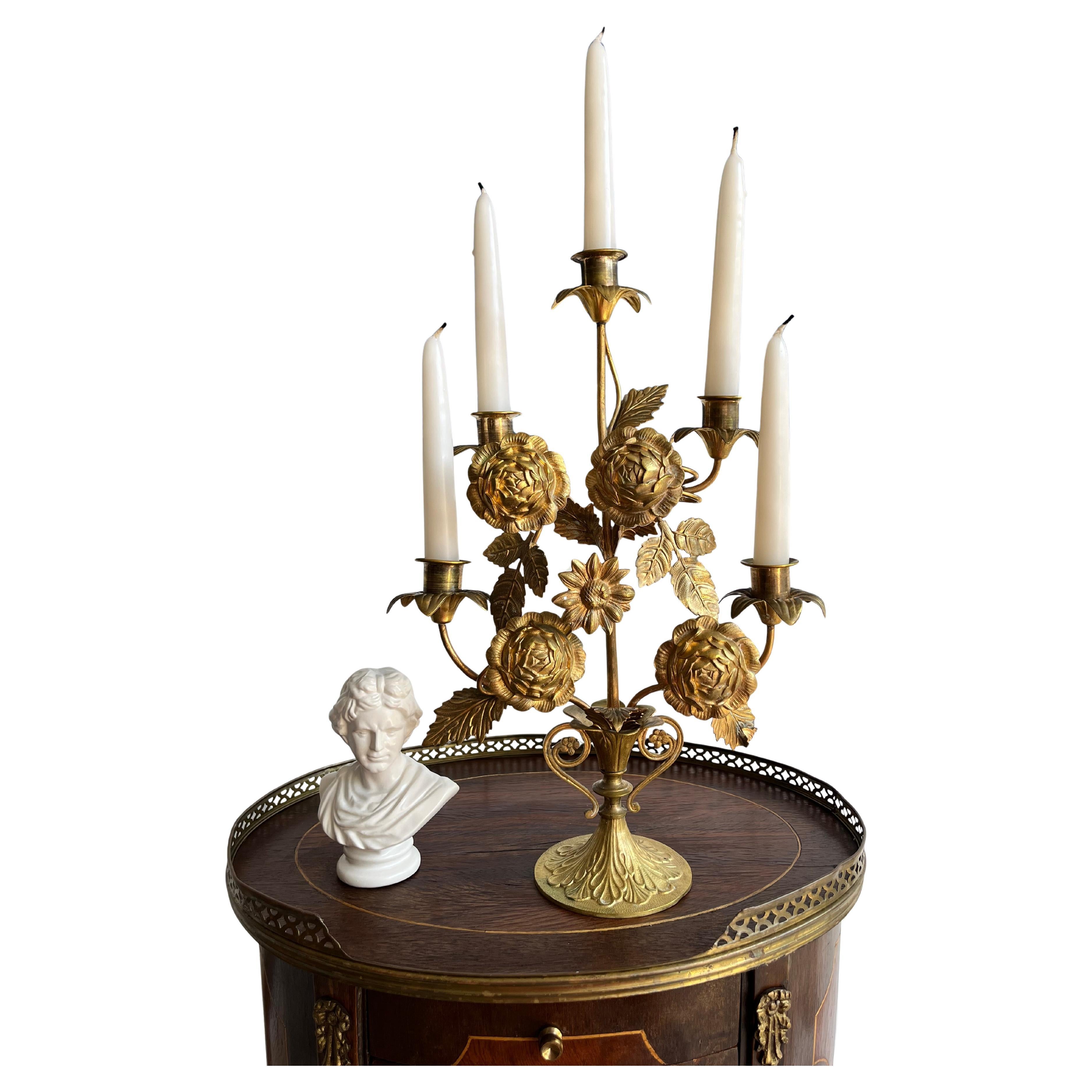Exquisite Antique Italian Gilt Brass Floral 5 Arm Candelabra For Sale