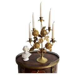 Exquisite Antique Italian Gilt Brass Floral 5 Arm Candelabra