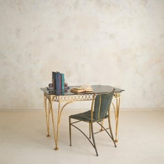 Vintage Italian Gilt Bronze Desk or Dining Table with Smoked Glass Top