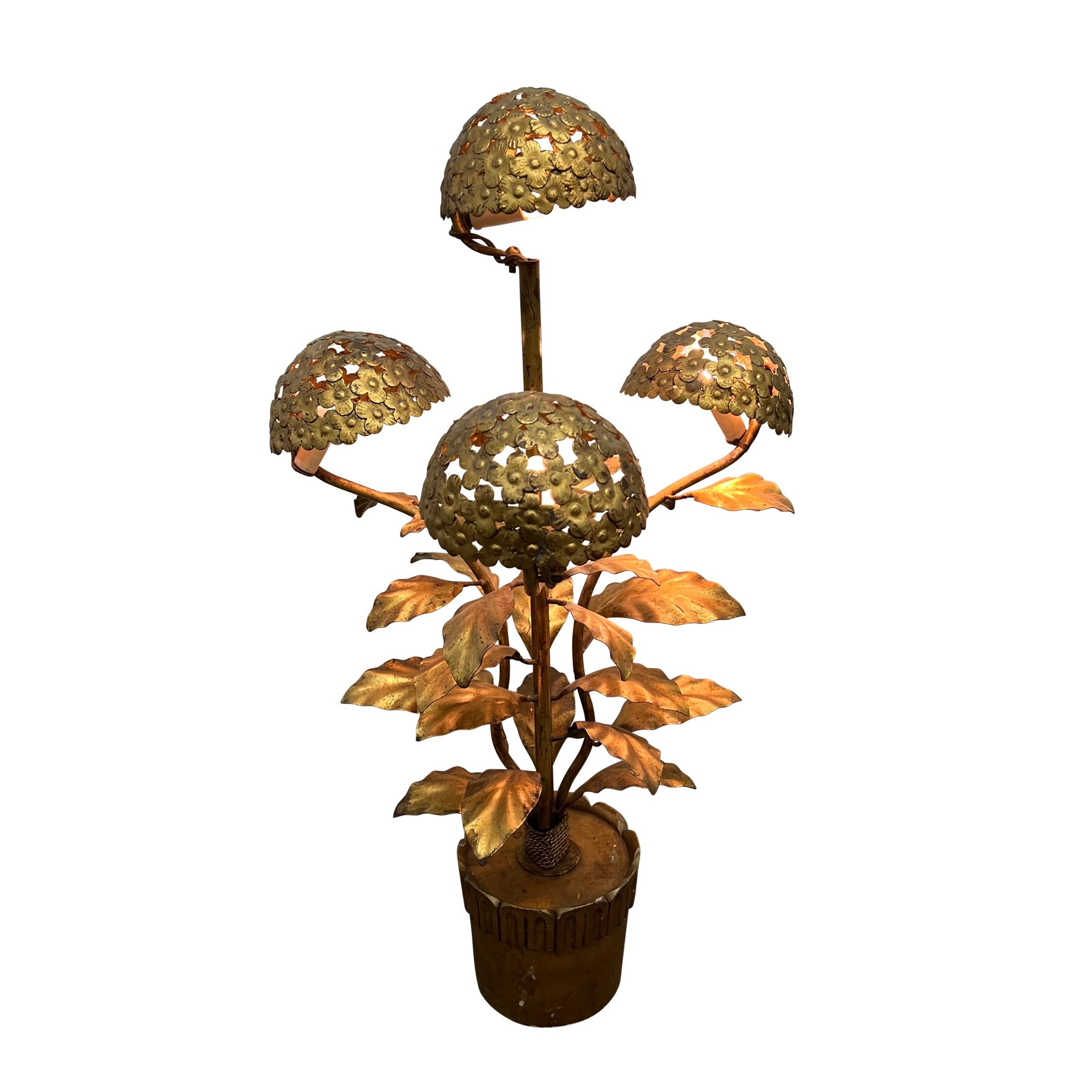 Mid-Century Modern Lampe de table italienne vintage dorée Hydrangea en vente