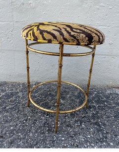 Vintage Italian Gilt Faux Bamboo Iron Stool with Scalamandre Tigre Velvet Fabric