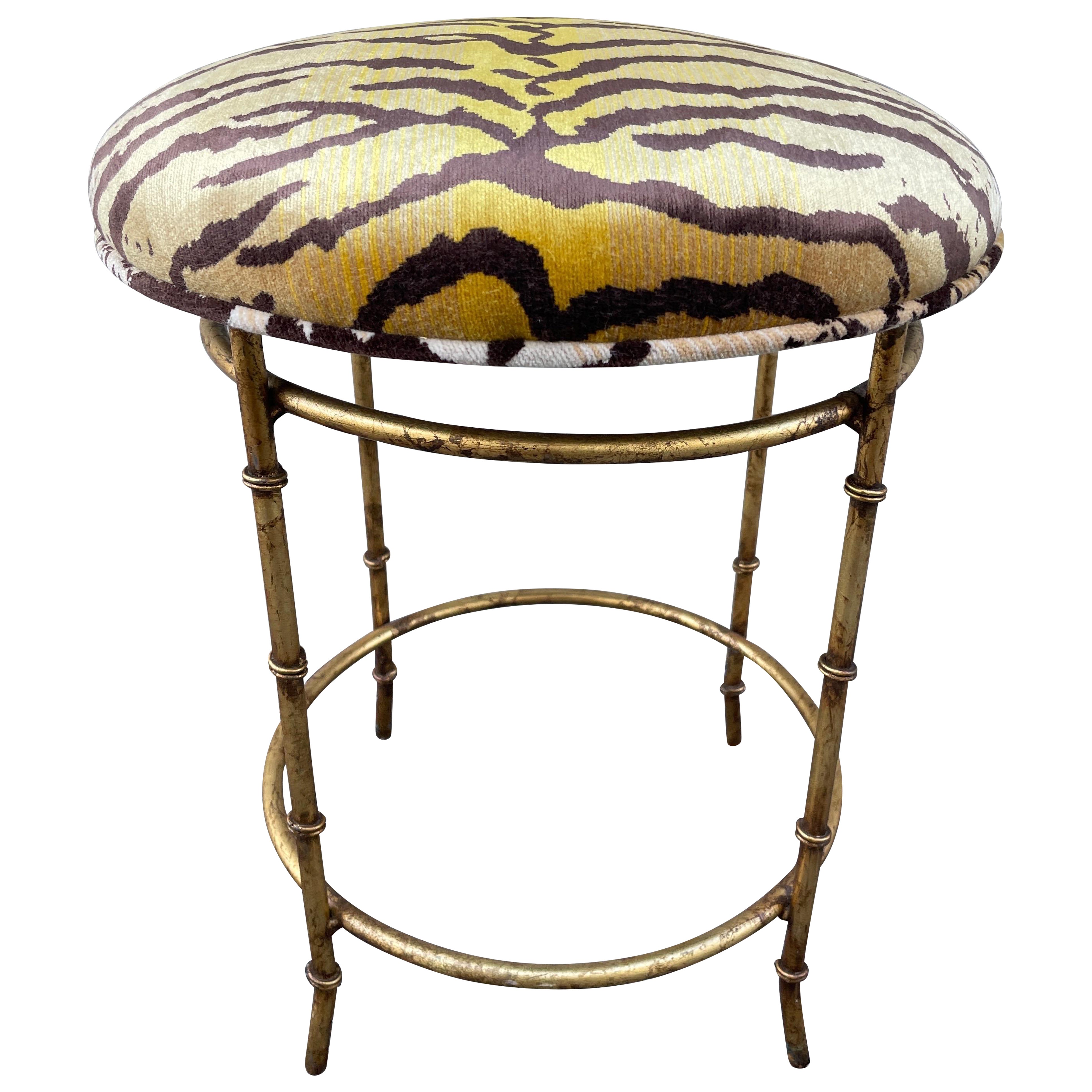 Vintage Italian Gilt Faux Bamboo Iron Stool with Scalamandre Tigre Velvet Fabric