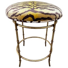 Vintage Italian Gilt Faux Bamboo Iron Stool with Scalamandre Tigre Velvet Fabric