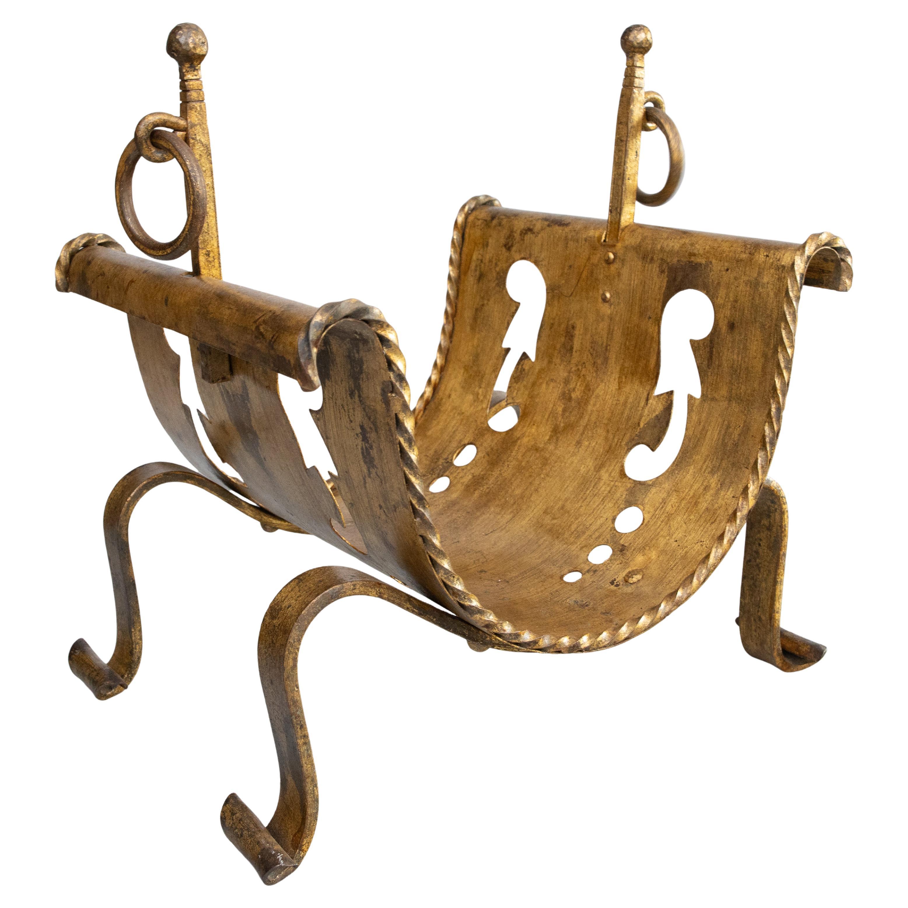 Mid-Century Italian Gilt Iron Log Holder Magazine Rack