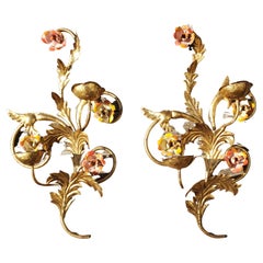 Vintage Italian Gilt Meal Floral Wall Candle Sconces with Roses, a Pair