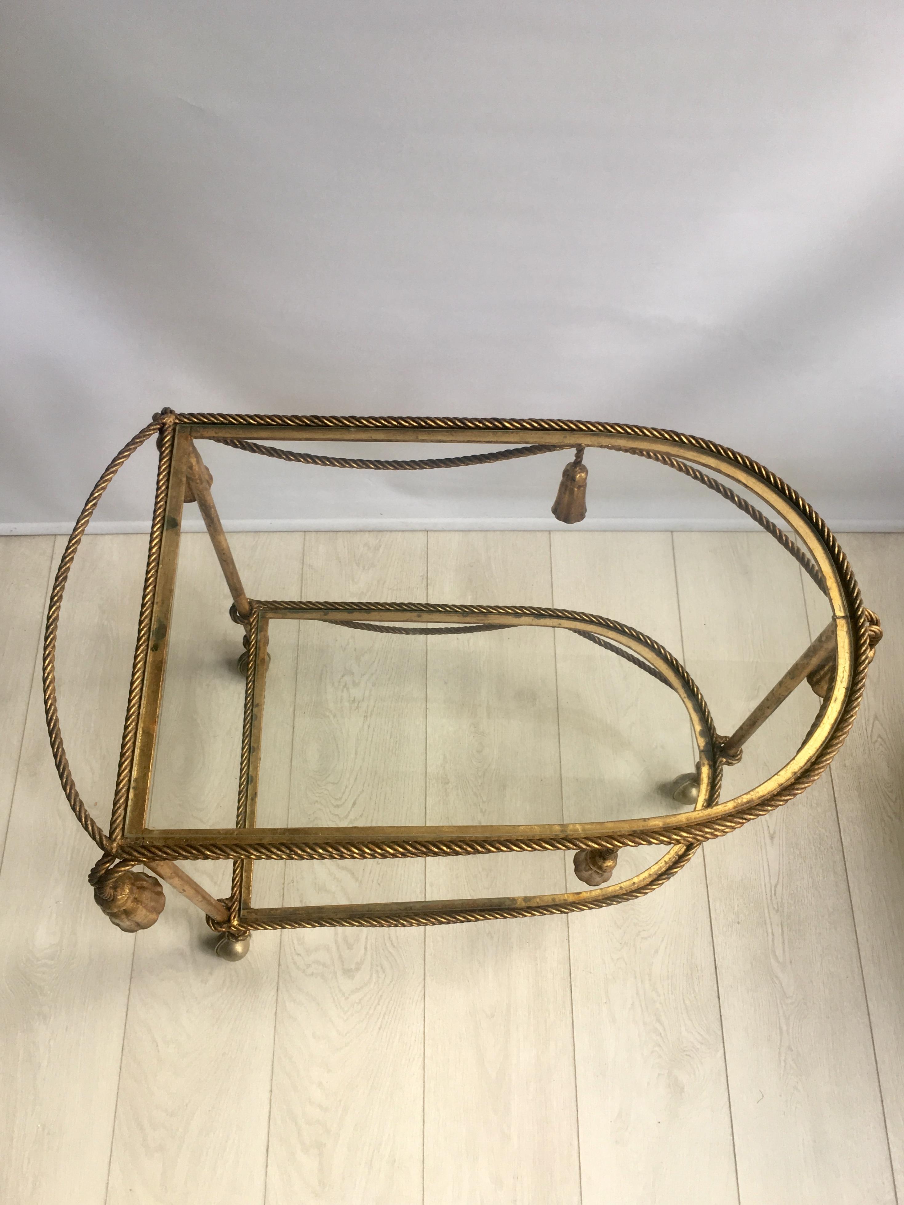 Metal Vintage Italian Gilt Rope & Tassle Drinks Trolley Bar Cart For Sale