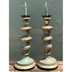 Vintage Italian Gilt Tipped Turned Wood Lamps - Pair