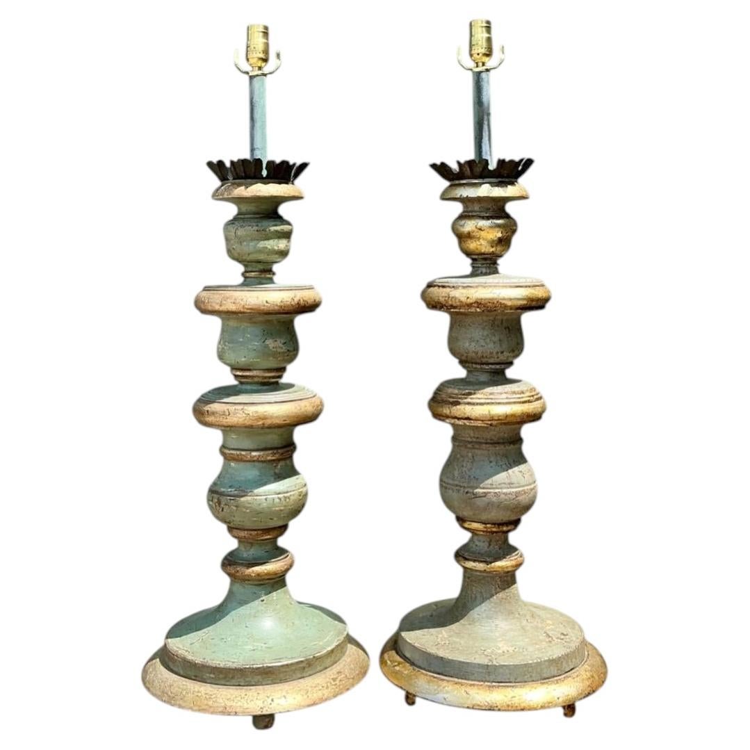 Vintage Italian Gilt Tipped Turned Wood Lamps - Pair