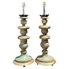 Vintage Italian Gilt Tipped Turned Wood Lamps - Pair