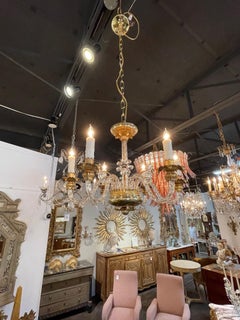 Vintage Italian Gilt Tole and Glass 6 Light Chandelier with Flowers