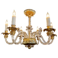 Vintage Italian Gilt Tole and Glass 6 Light Chandelier with Flowers