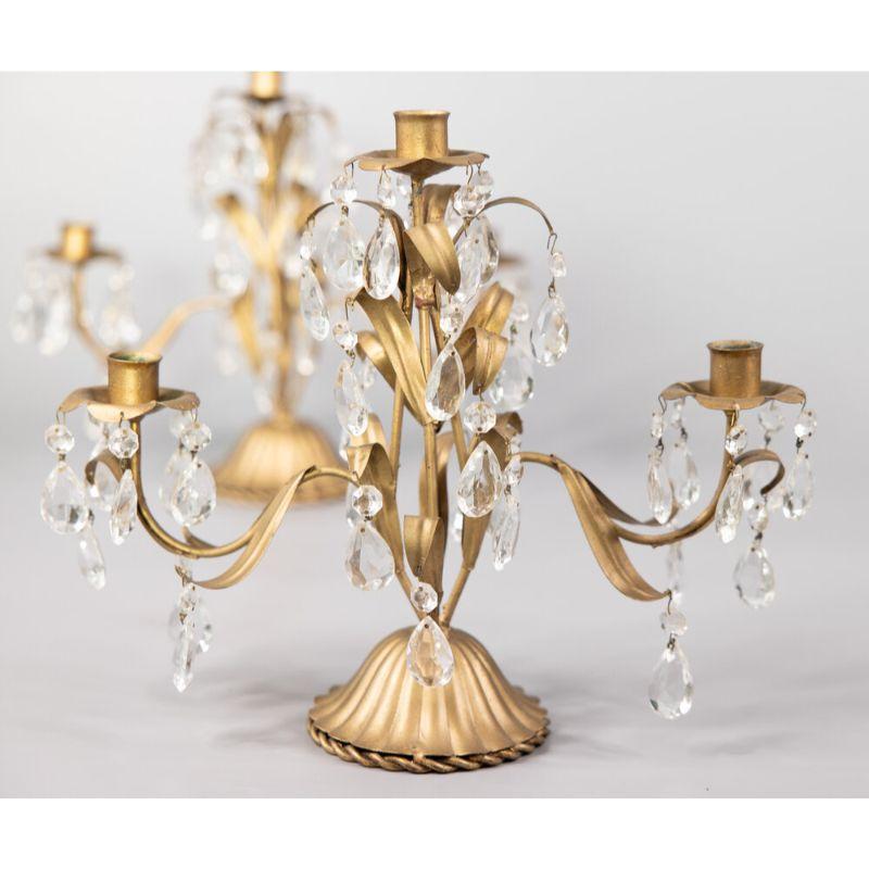 Vintage Italian Gilt Tole & Crystals Candelabras In Good Condition For Sale In Pearland, TX