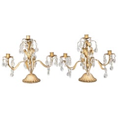 Vintage Italian Gilt Tole & Crystals Candelabras