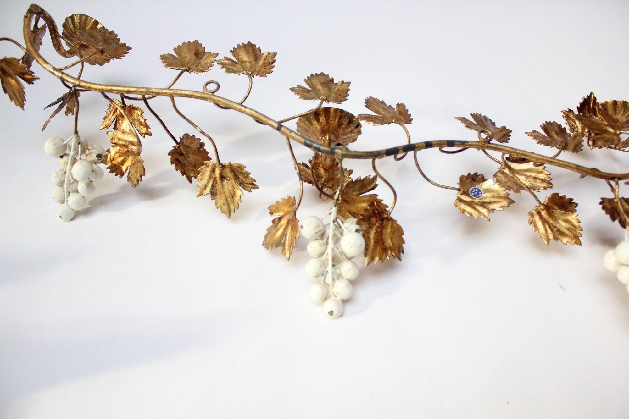 Mid-Century Modern Vintage Italian Gilt Tole Grapeleaf Wall Sconces / Candelabrum For Sale