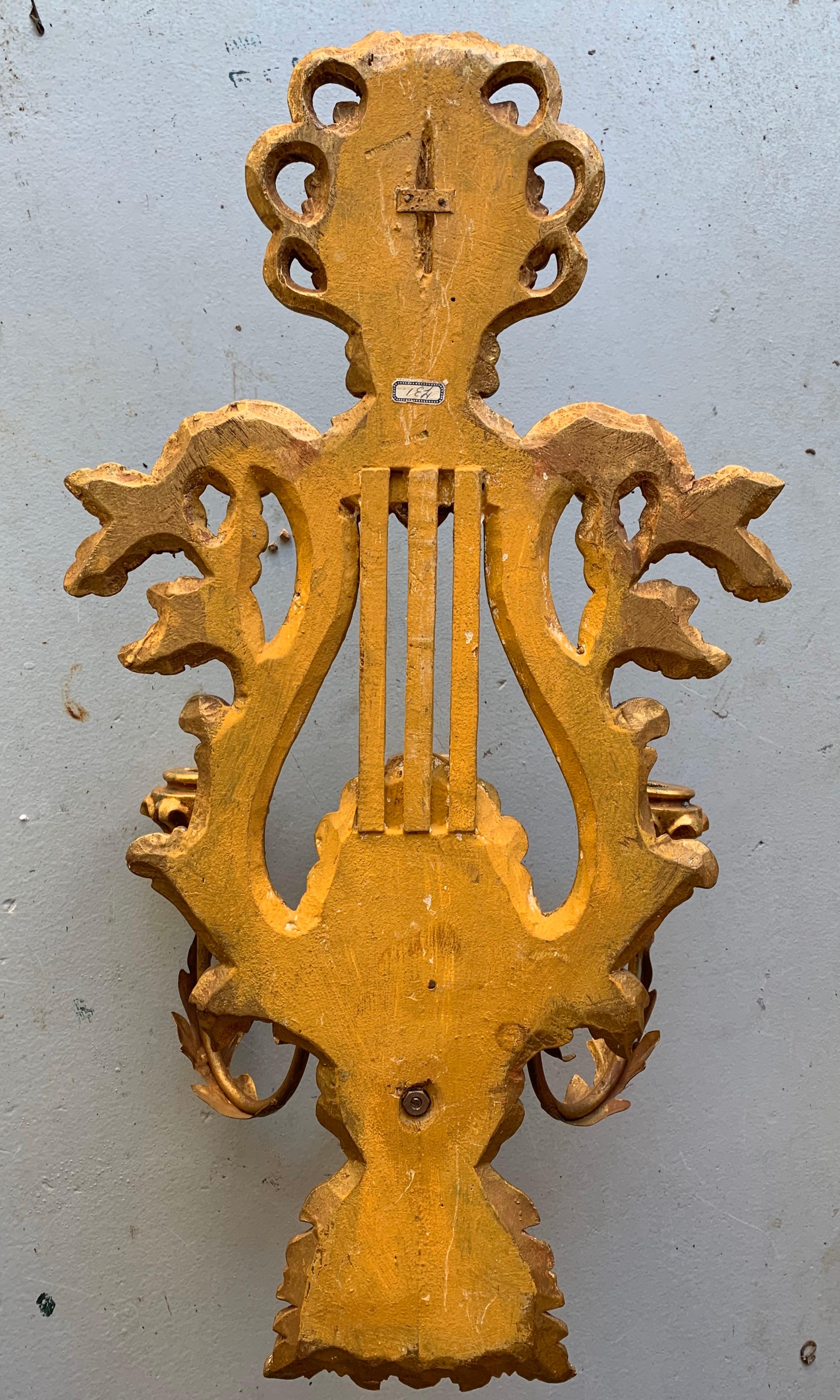 Vintage Italian Giltwood 3-Arm Harp Sconces, a Pair For Sale 2
