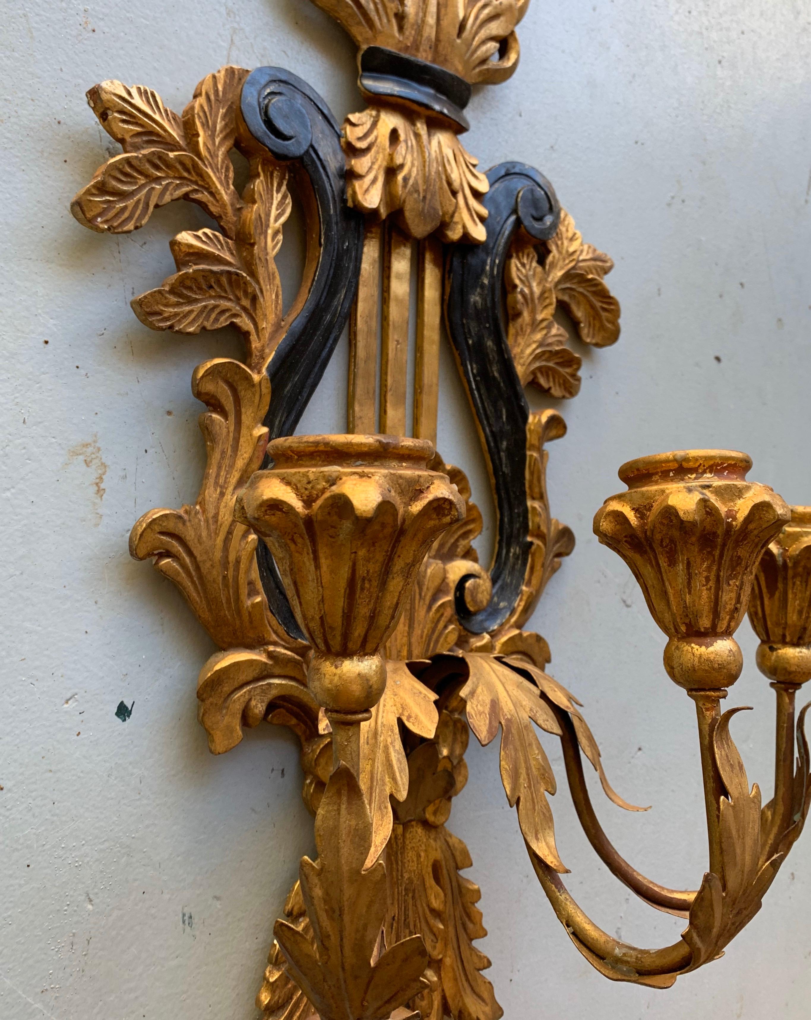 Vintage Italian Giltwood 3-Arm Harp Sconces, a Pair For Sale 1