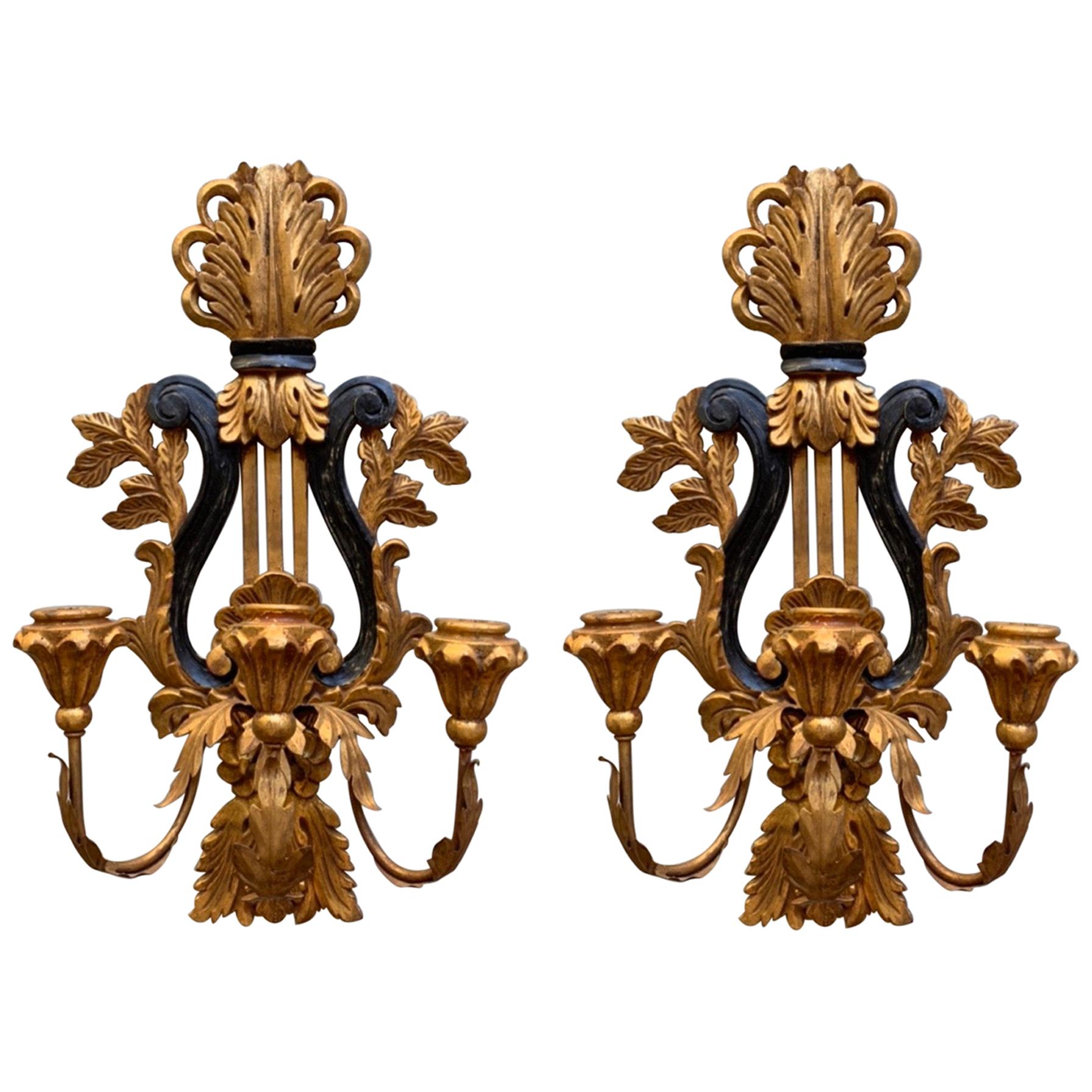 Vintage Italian Giltwood 3-Arm Harp Sconces, a Pair